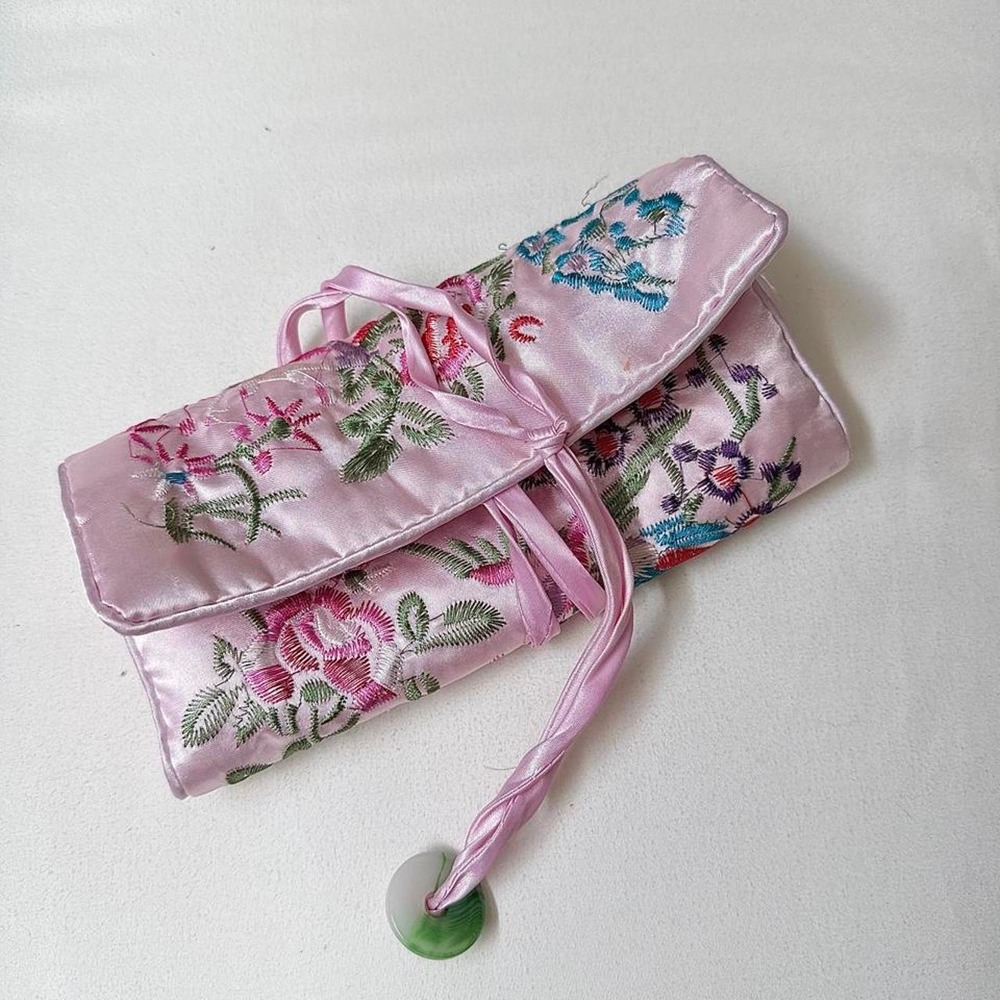 Y2K pink satin wrap wallet with colorful floral embroidery